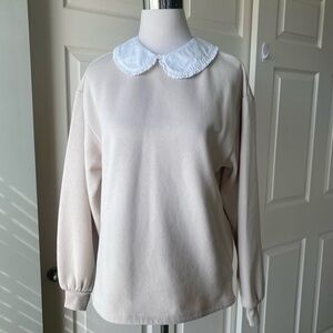H&M Sweatshirt Top Cream White Peter Pan Ruffle Collar Pearl Button Closure XS